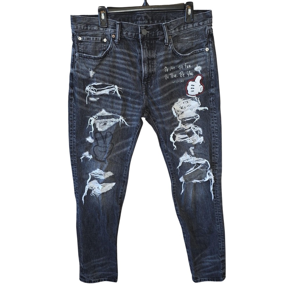 American Eagle Jeans Mens 34x32 Gray Skinny Slim Fit Mickey Mouse Distressed